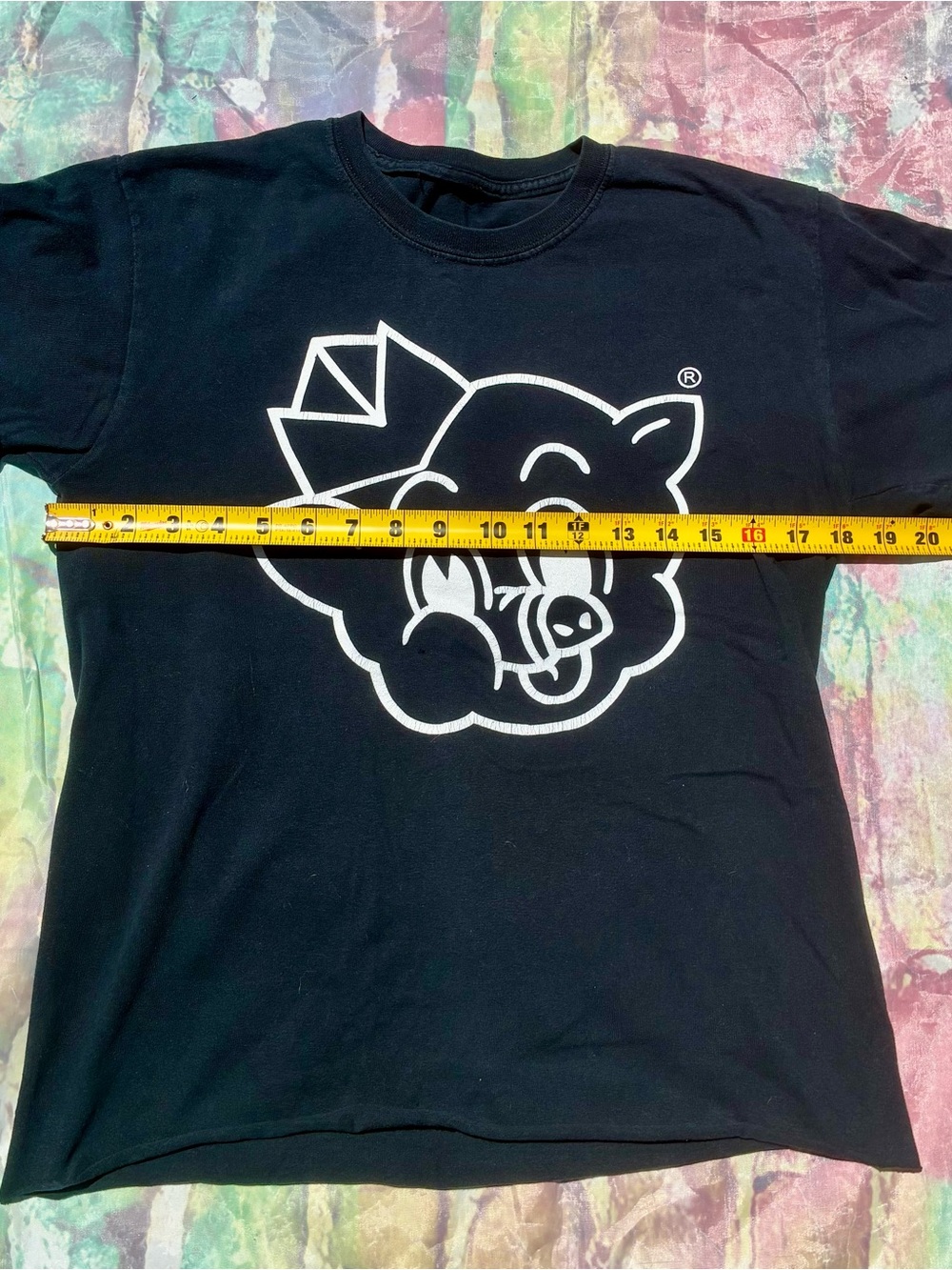 Black vintage Graphic Tee with White Cartoon Pig Design